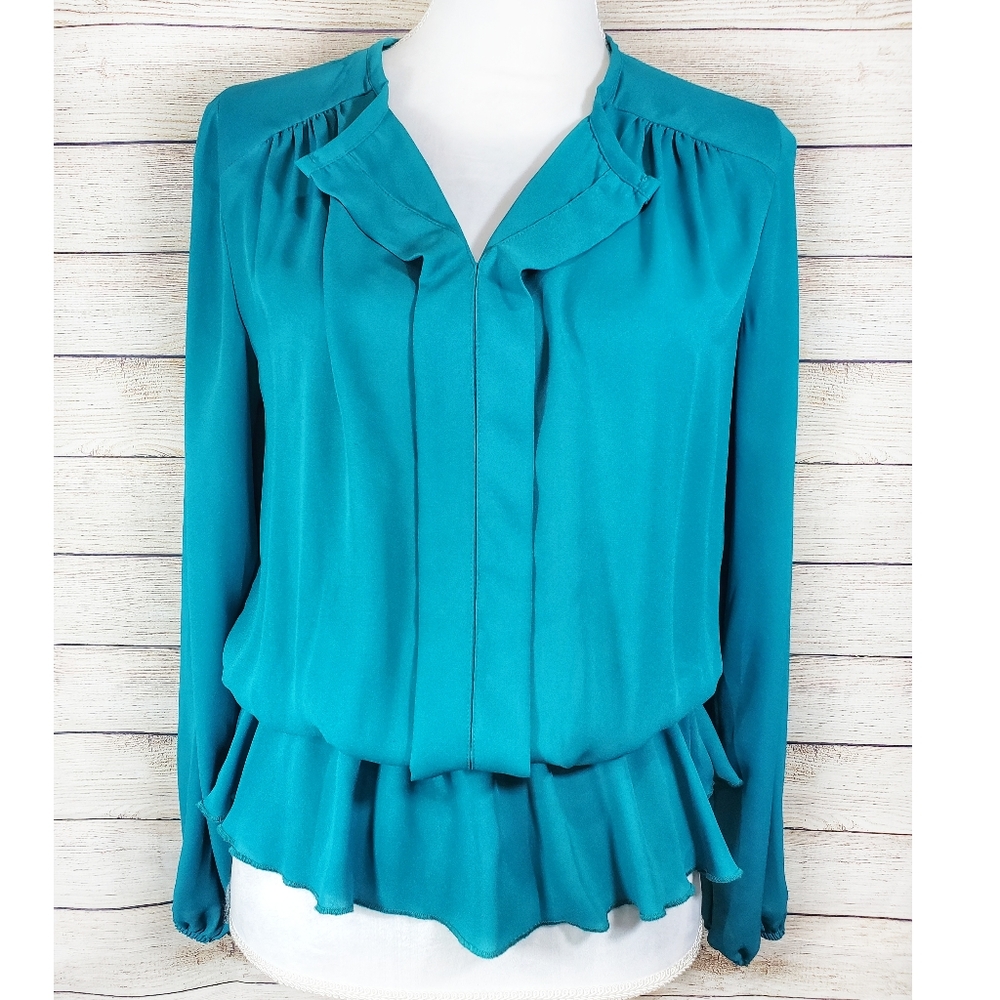Buttons Teal Green Long Sleeve Drop Waist Blouse